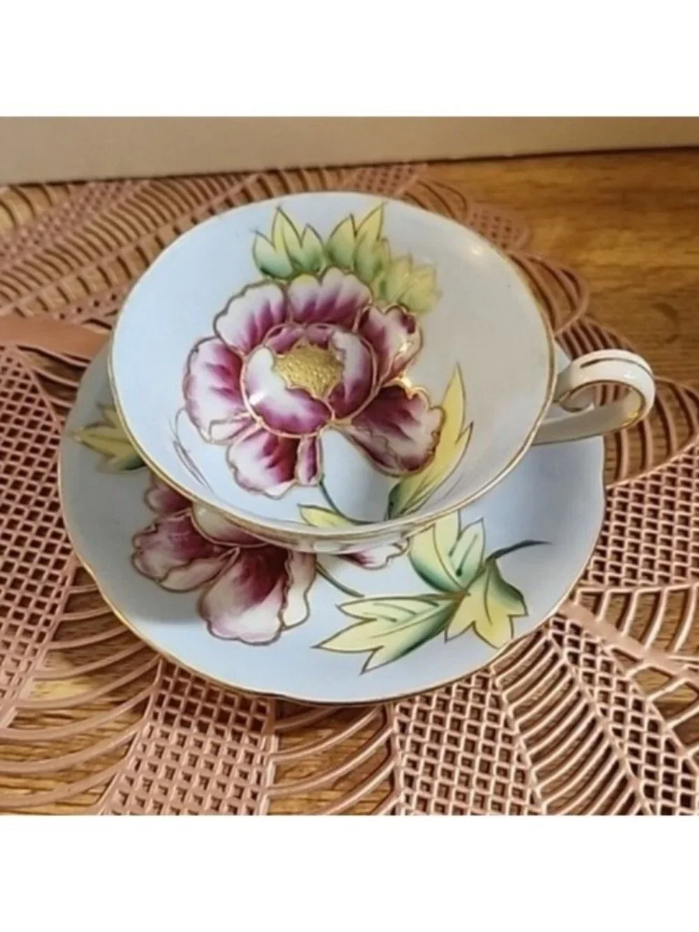 Hand Painted Gold Tea Cup & Saucer Set Vintage Bone China Blue Pink Porcelain